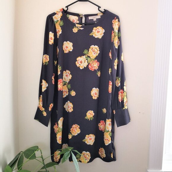LOFT Shift Dress Long Sleeve Button Cuffs Gray Floral  Size M - Picture 2 of 5